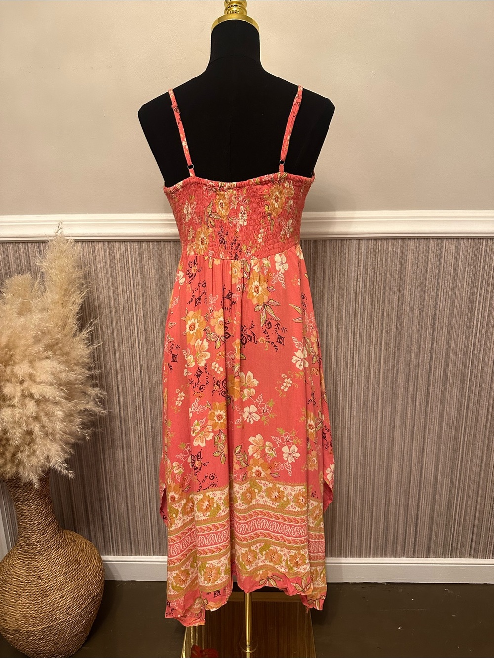 Angie Coral Floral Handkerchief Hem Midi Dress Boho Sundress Size Small - Picture 5 of 7
